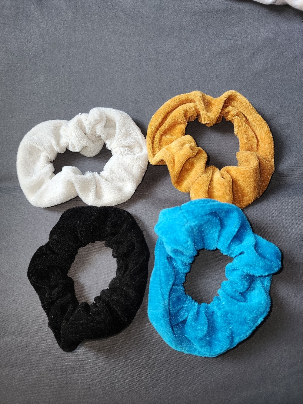 Set of 4 Plush Velvet Scrunchies - White, Mustard Yellow, Black, Bright Blue